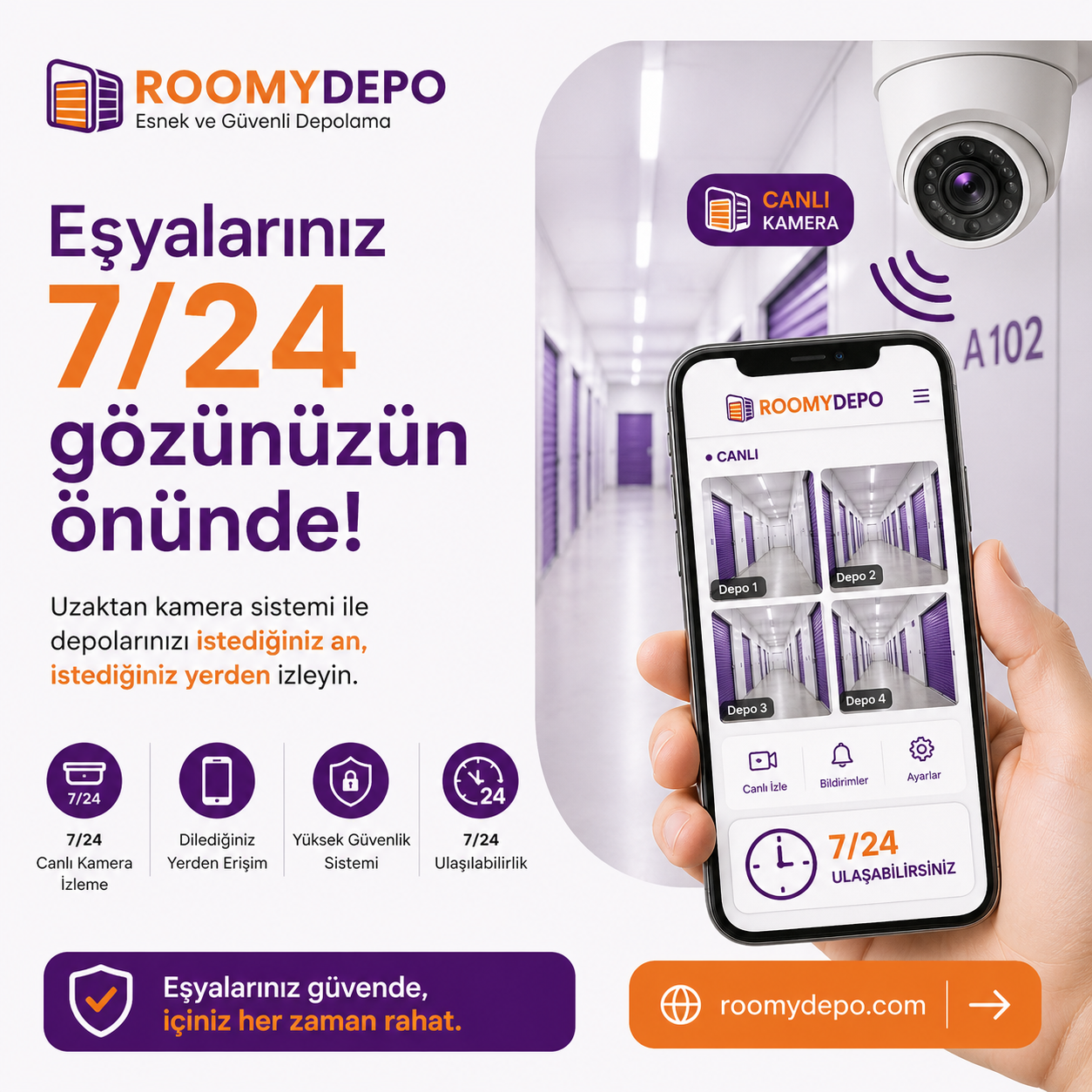 RoomyDepo 7/24 canlı kamera ile depo kontrolü